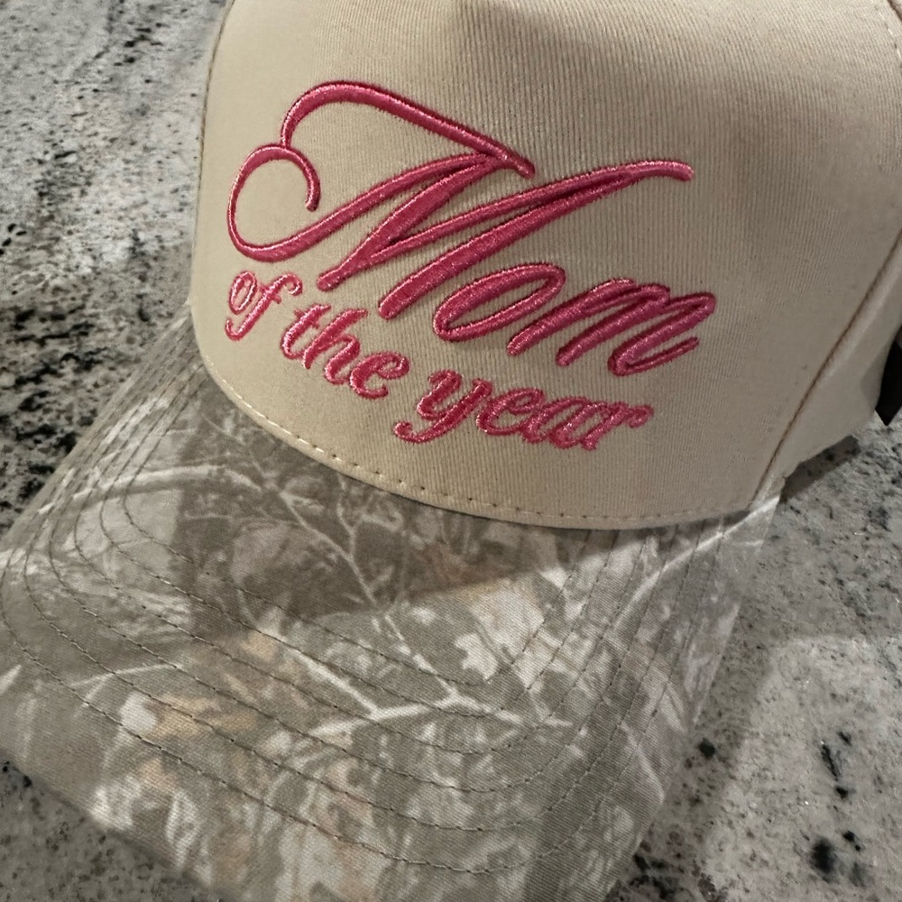 "Mom of the Year" Pink Embroidered Tan & Camo Cap